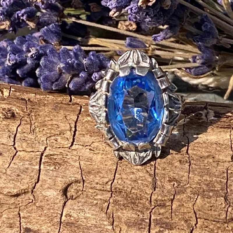 women's wedding rings -Vintage Art Nouveau Style Sterling Ring Bright Blue Stone 6.5