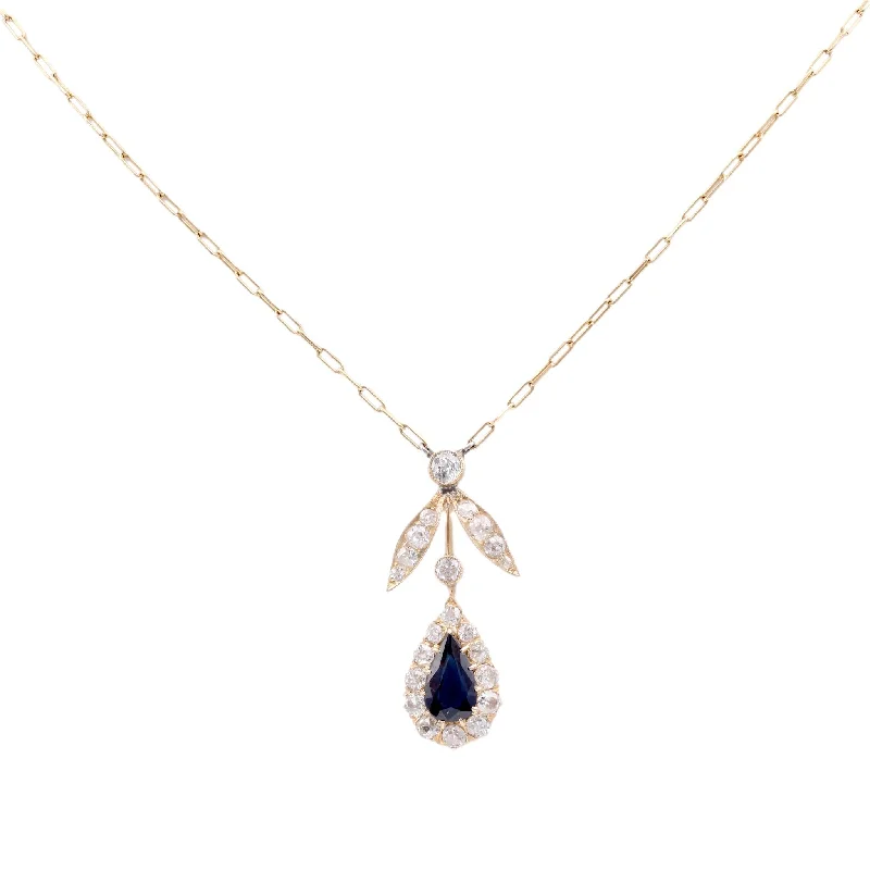 women's custom necklaces -Edwardian Sapphire Diamond 18K Yellow Gold Cluster Necklace