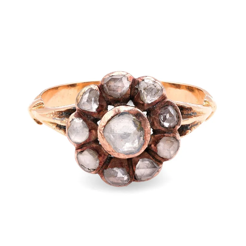 women's geometric necklaces -Antique Rose Cut Diamond 14K Rose Gold Cluster Ring