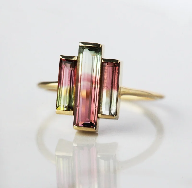 women's elegant necklaces -Watermelon tourmaline ring, Baguette engagement ring, Unique