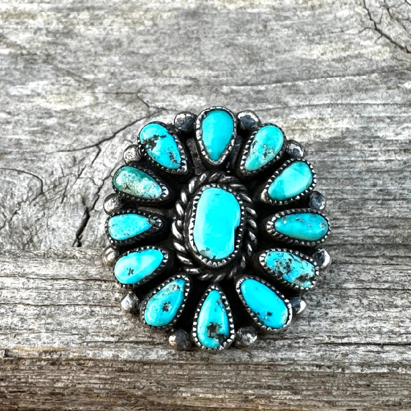 women's gemstone wedding rings -Vintage Navajo Sterling Silver Turquoise Rosette Flower Ring 9.5