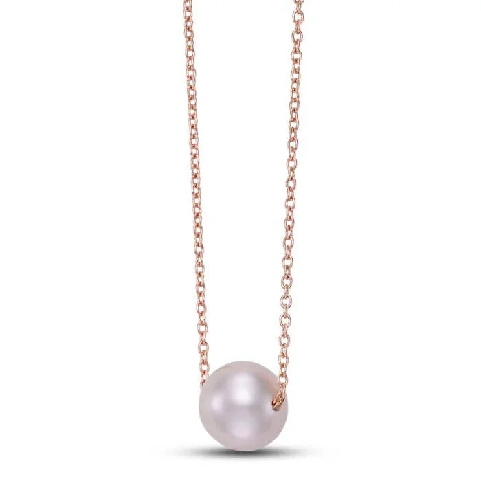 women's personalized necklaces -Mastoloni 18" 7.5-8mm Pink Freshwater Cultured Pearl Floating Necklace in 14K Rose Gold