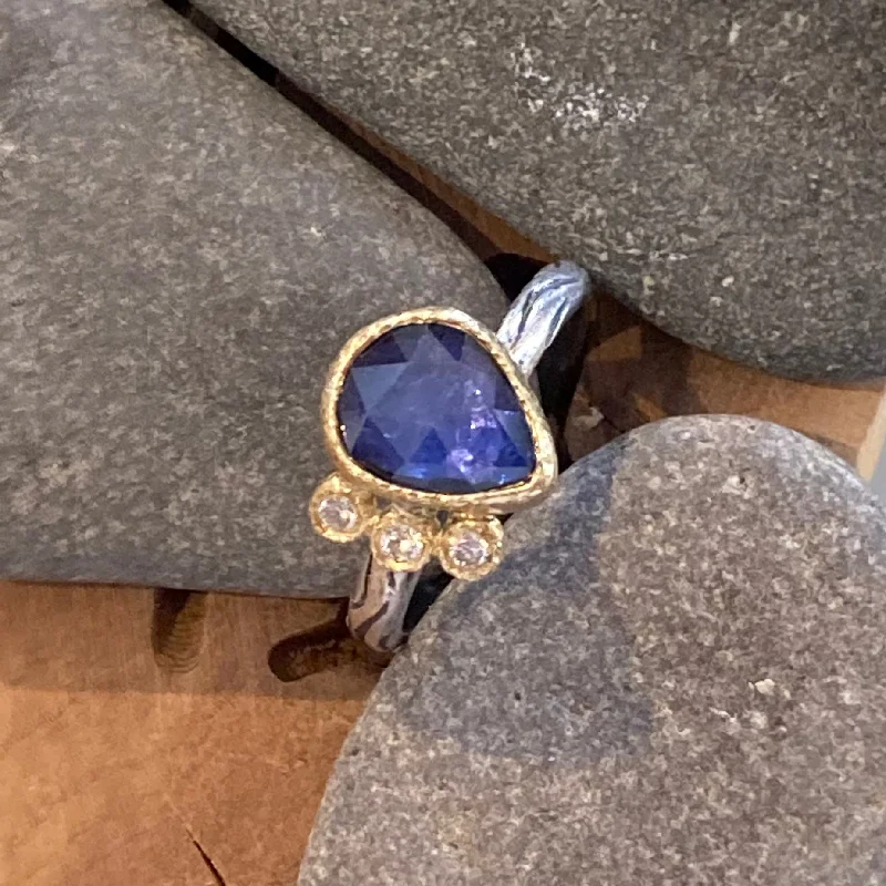 women's bold statement rings -One of a Kind Faceted Sapphire and Diamonds 18K Gold and Sterling Silver Stacking Ring