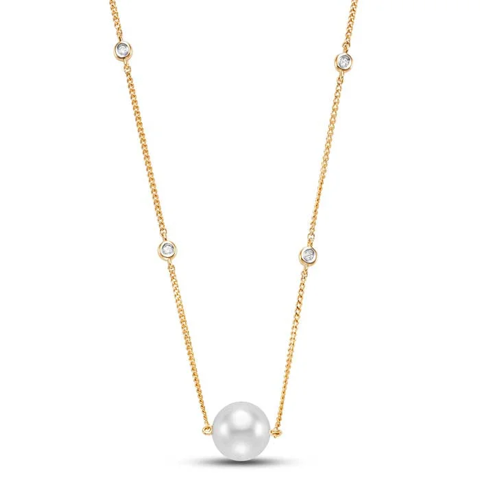 women's choker necklaces -Mastoloni Floating Pearl Pendant on Diamond-by-the-Yard Necklace in 14K Yellow Gold