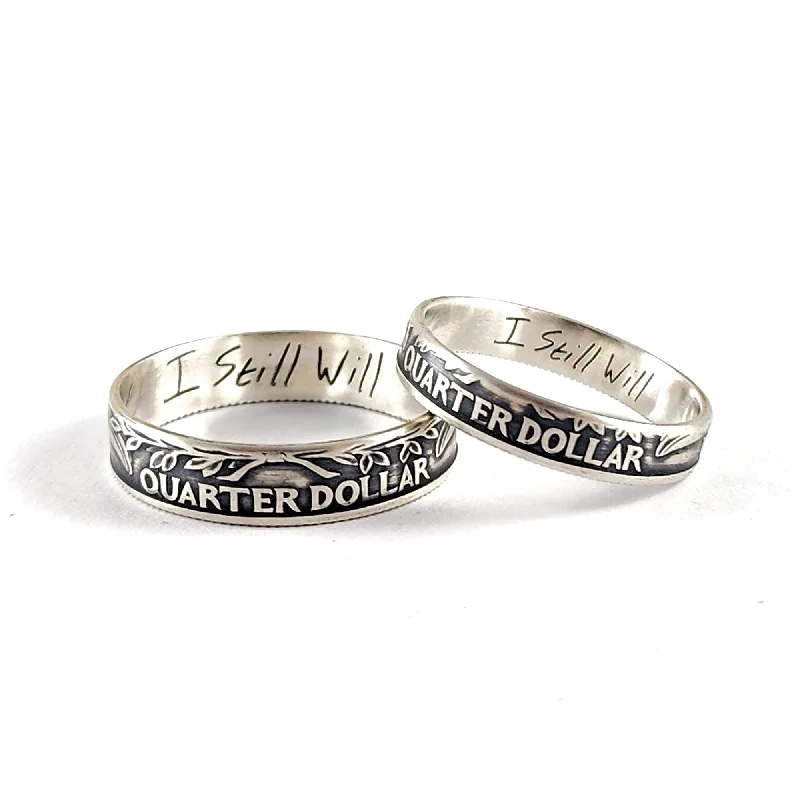 women's vintage-inspired rings -90% Silver Custom Engraved His & Hers Quarter Ring Set - 25th Anniversary Gift