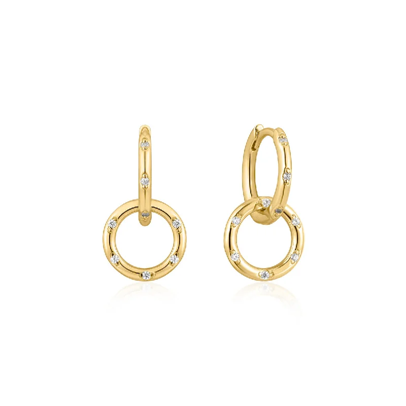 women's sophisticated earrings -Gold Plated Crystal Huggie Hoops with Circle Drop