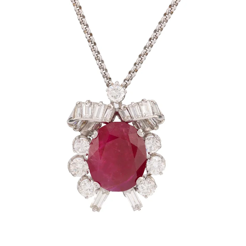 women's silver heart necklaces -Mid Century 11.6 Carat Burma No Heat Ruby Diamond Platinum Necklace