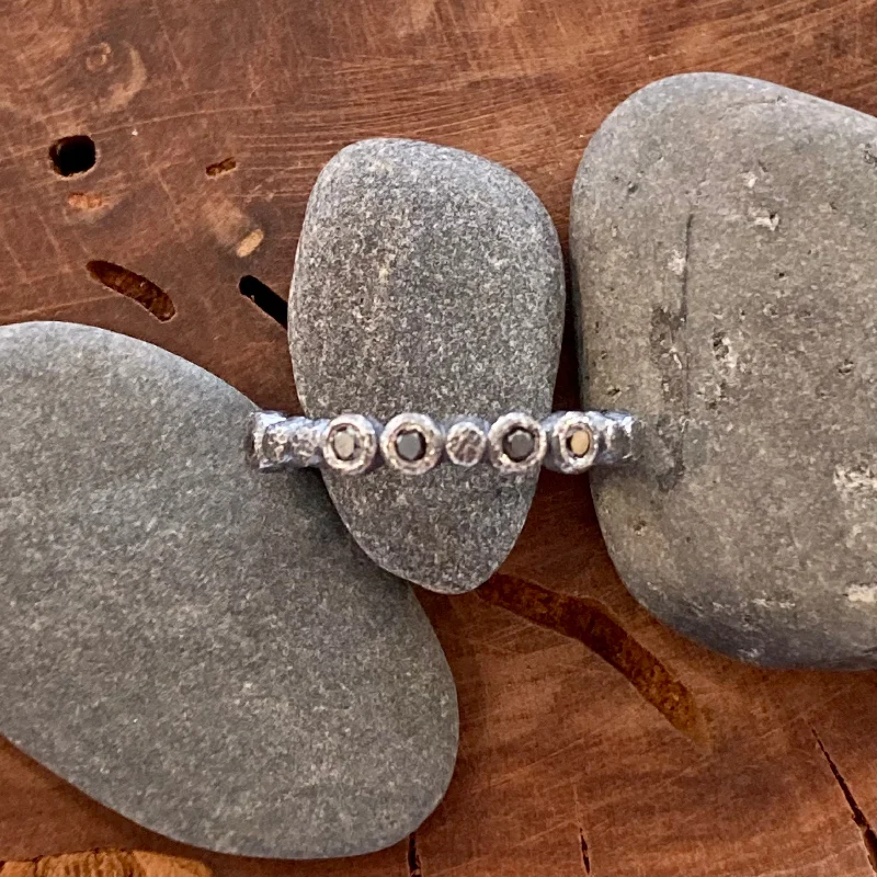 women's engraved rings -Black Diamonds Textured Sterling Silver Mini Pebbles Stacking Ring