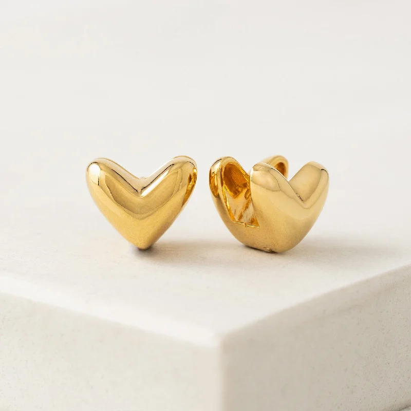 women's pearl earrings -Gold Plated Heart Puff Hoop Earrings