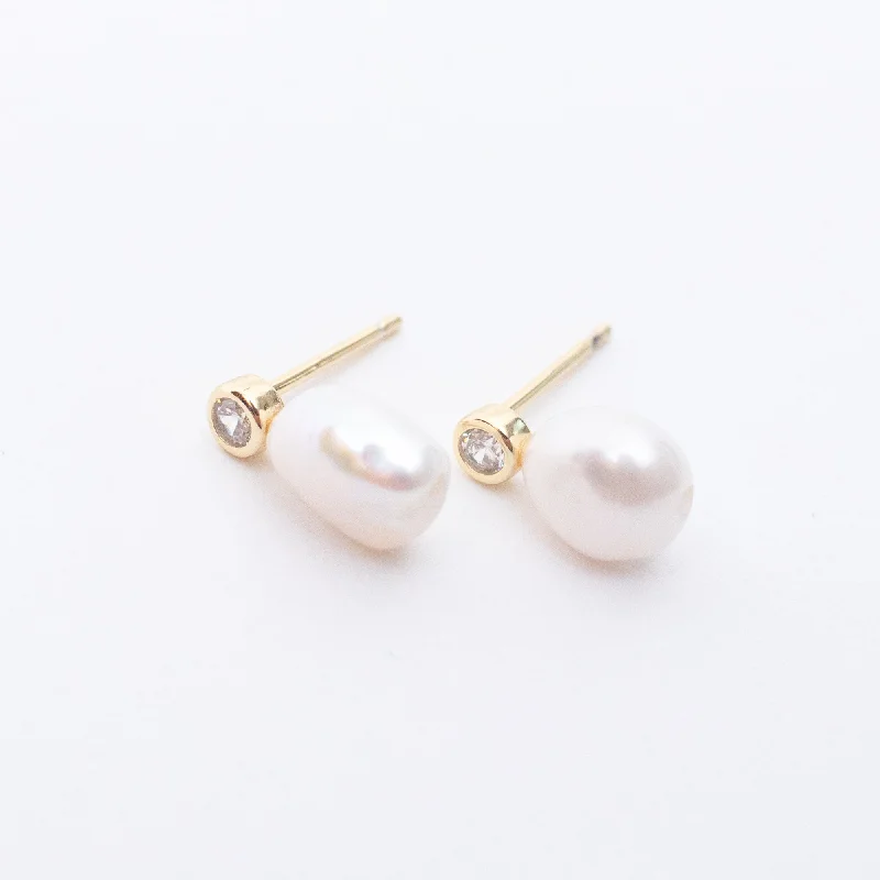 women's wedding earrings -Gold Vermeil Medium Single Pearl with CZ Studs