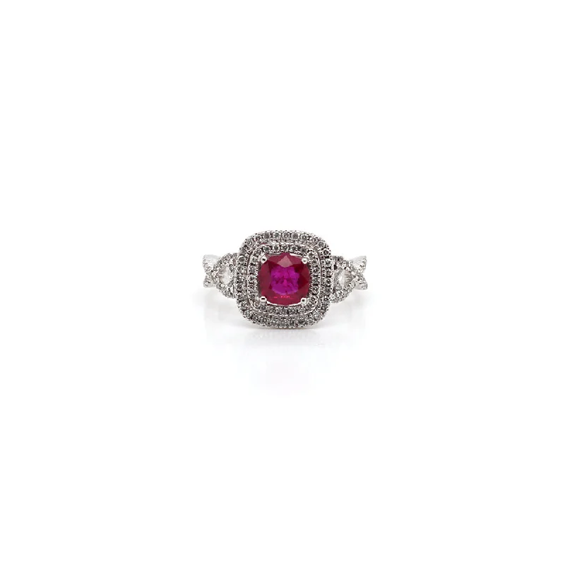 women's rose gold rings -18k White Gold Ruby Ring with Double Halo