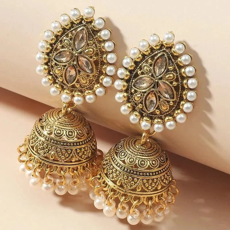 women's multi-colored earrings -Elegant Golden Jhumka Earrings with Pearls and Gemstones