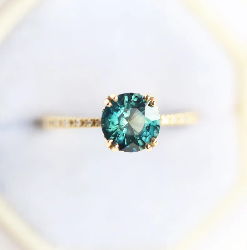 women's modern design necklaces -1.6Ct Round Teal Sapphire Engagement Ring, Sapphire Diamond Ring With Pave Diamond Band