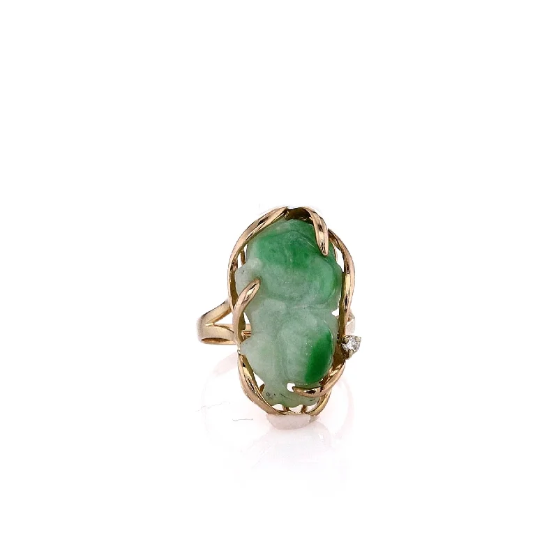 women's vintage rings -Estate 14k Yellow Gold Carved Jade and Diamond Gold Frame Ring