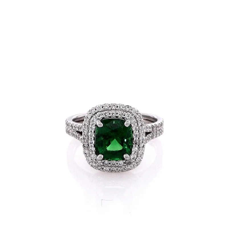 women's floral engagement rings -Estate 14k White Gold Tsavorite Chip and Diamond Double Halo Split Shank & Gallery Ring