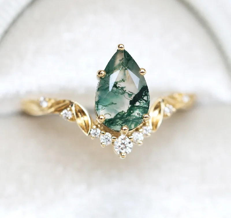 women's boho necklaces -Leaf Pear Moss Agate Engagement Ring With Diamonds