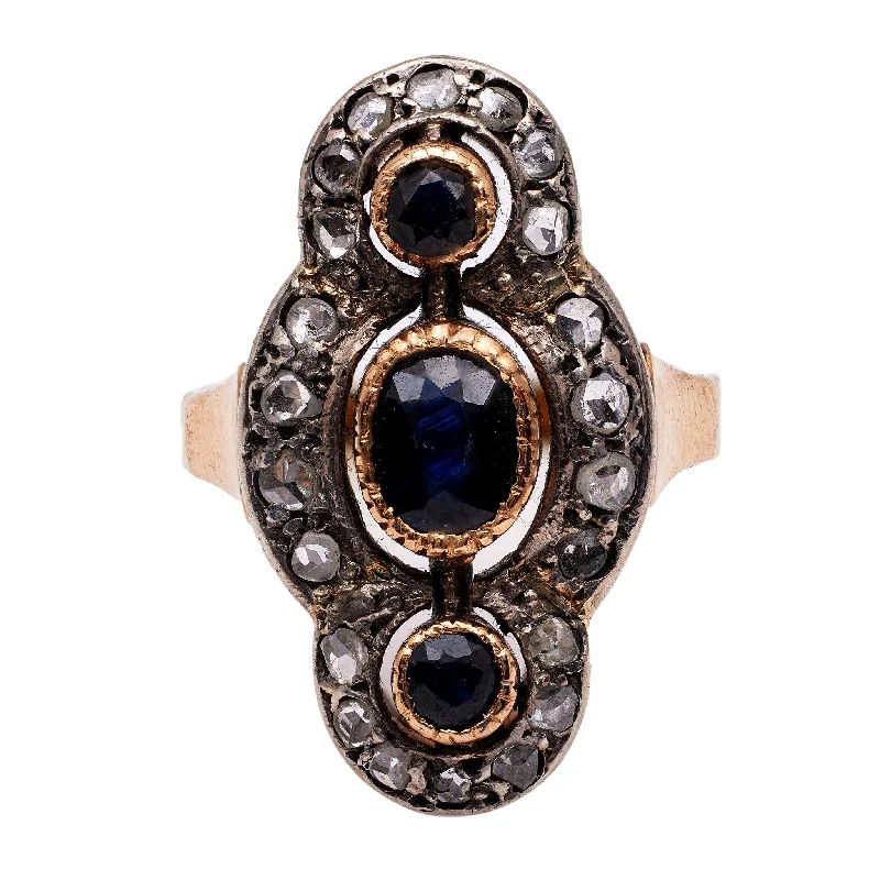 women's eco-friendly necklaces -Late Victorian Sapphire Diamond 18k Yellow Gold Silver Navette Ring