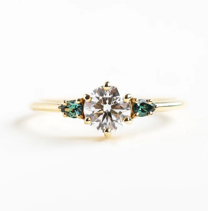 women's eco-friendly necklaces -Round Three Stone Diamond Ring With Teal Pear Sapphires