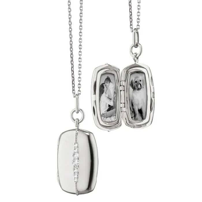 women's crystal pendant necklaces -Monica Rich Kosann White Sapphire Slim Rectangle "Kate" Locket Necklace in Sterling Silver