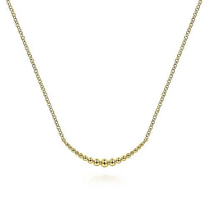 women's minimalist gold necklaces -Gabriel & Co. 17" Graduating "Bujukan" Bead Curved Bar Necklace in 14K Yellow Gold