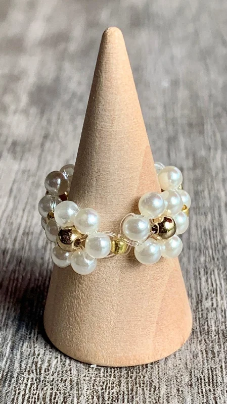 women's silver stackable rings -Juliette Handmade Faux Pearl Flower Expandable Ring