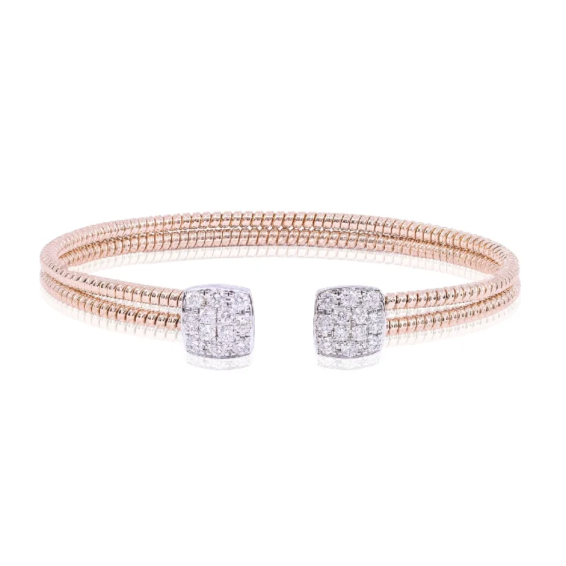 women's gold bangles -18K ROSE GOLD DOUBLE TWISTED WIRE CUFF WITH PAVE DIAMOND SQUARE END CAPS 0.90CTW