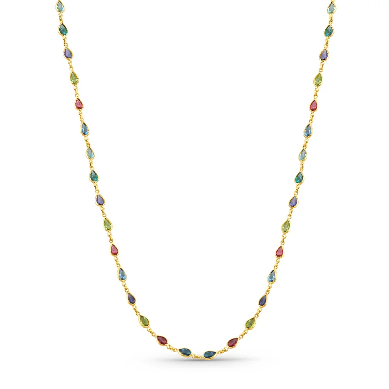 women's designer crystal necklaces -Multicolor Stone Pear Shape Necklace In 18K Yellow Gold