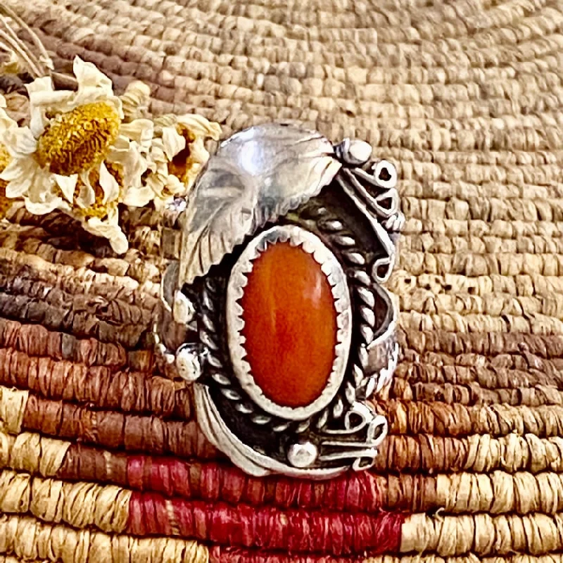 women's cocktail rings -Time Worn Navajo One Feather Red Coral Ring Size 6.5