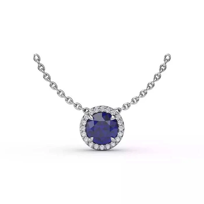 women's wedding anniversary necklaces -Fana Sapphire and Diamond Halo Pendant Necklace in 14K White Gold