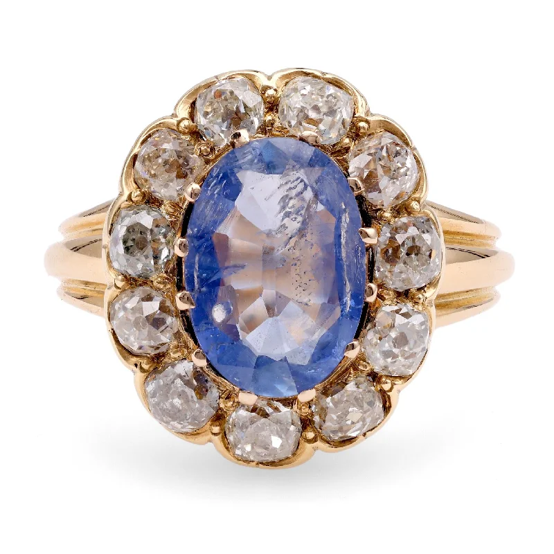 women's stylish necklaces -Victorian 2 Carat Sapphire Diamond 18K Yellow Gold Cluster Ring