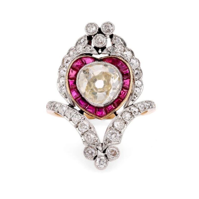 women's elegant necklaces -Belle Époque Style  2.12 Carat Diamond Ruby 18K Yellow Gold Cocktail Ring