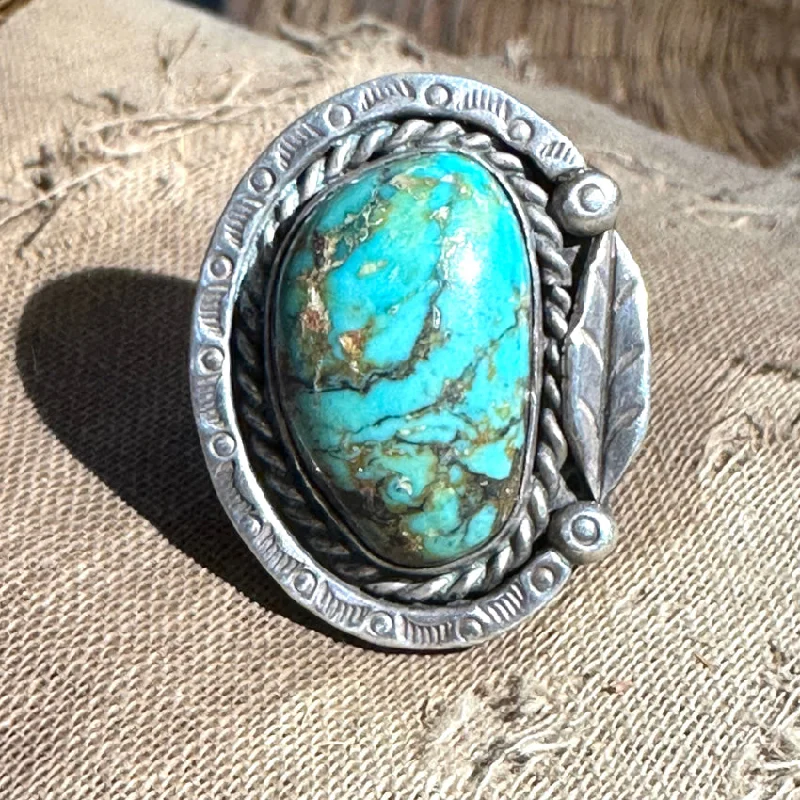 women's rose gold rings -Navajo Hand Wrought Sterling Silver Turquoise One Feather Ring 7 3/4