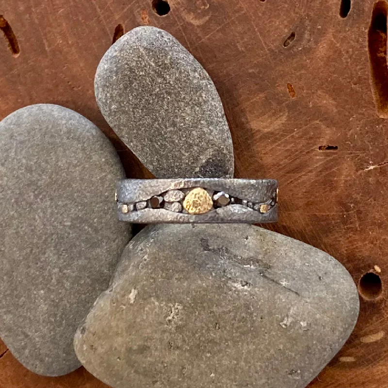 women's moon and star rings -Textured Oxidized Sterling Silver and 18K Gold River Pebbles with Black Diamonds Stream Ring