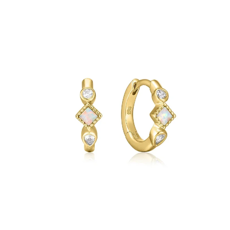 women's elegant earrings -Gold Plated Opal & CZ Stone Huggie Hoops