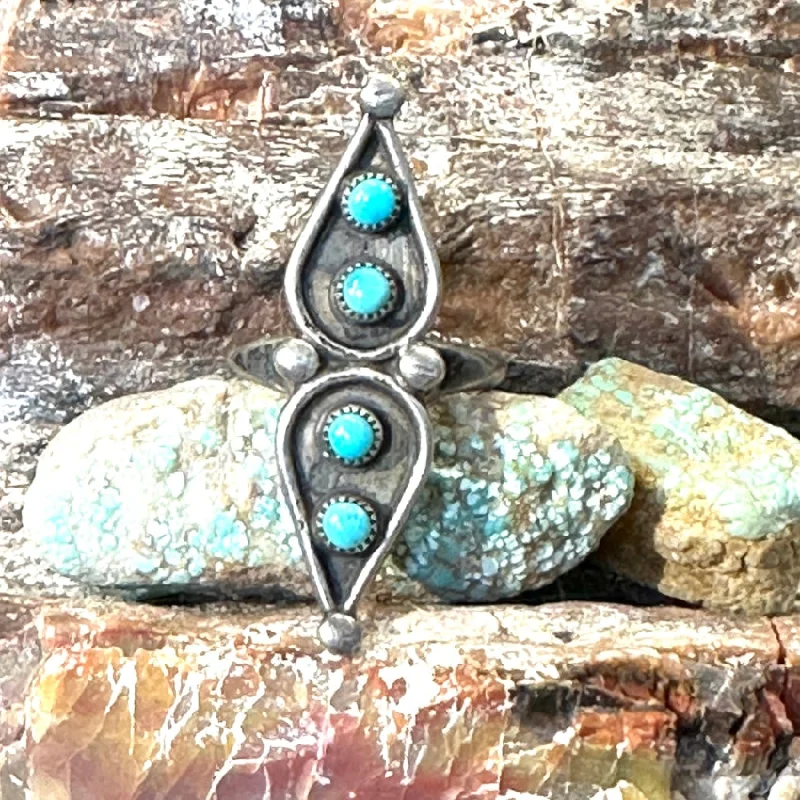 women's unique rings for her -Vintage Sterling Silver Long Ring Snake Eye Turquoise Size 5