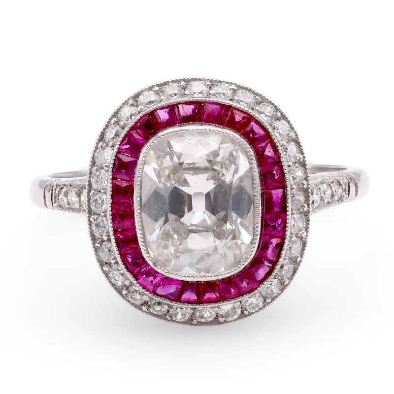 women's trendy necklaces -Art Deco Inspired 1.24 Carat Diamond Ruby Platinum Target Ring