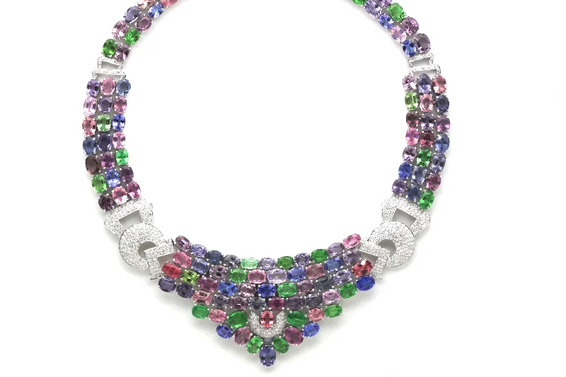 women's choker necklaces -Multicolor Spinal, Tanzanite, Tsavorite And Diamond Necklace In 18K White Gold