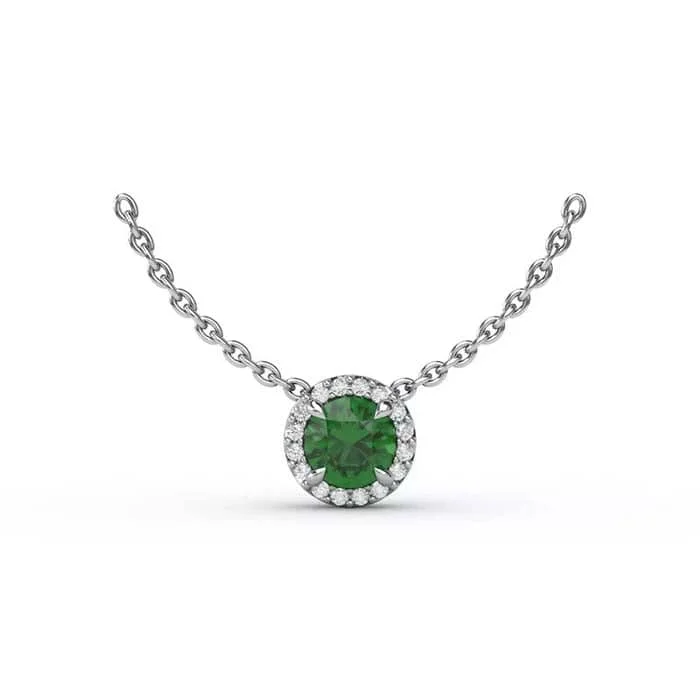 women's classic necklaces -Fana Emerald and Diamond Halo Pendant Necklace in 14K White Gold