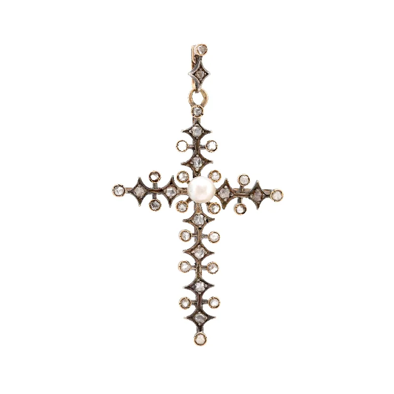 women's gold necklaces -Antique Pearl Diamond 18K Yellow Gold Silver Cross Pendant