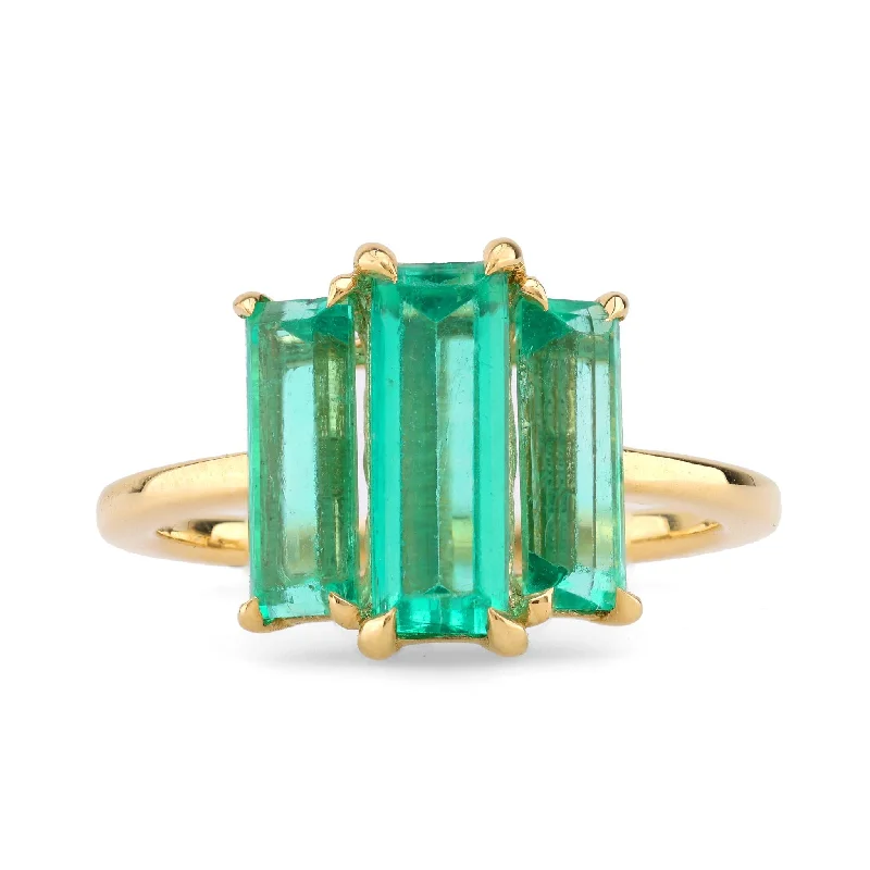 women's gold heart necklaces -Mid Century Style GIA 2.5 Carat Emerald 18K Yellow Gold Three Stone Ring