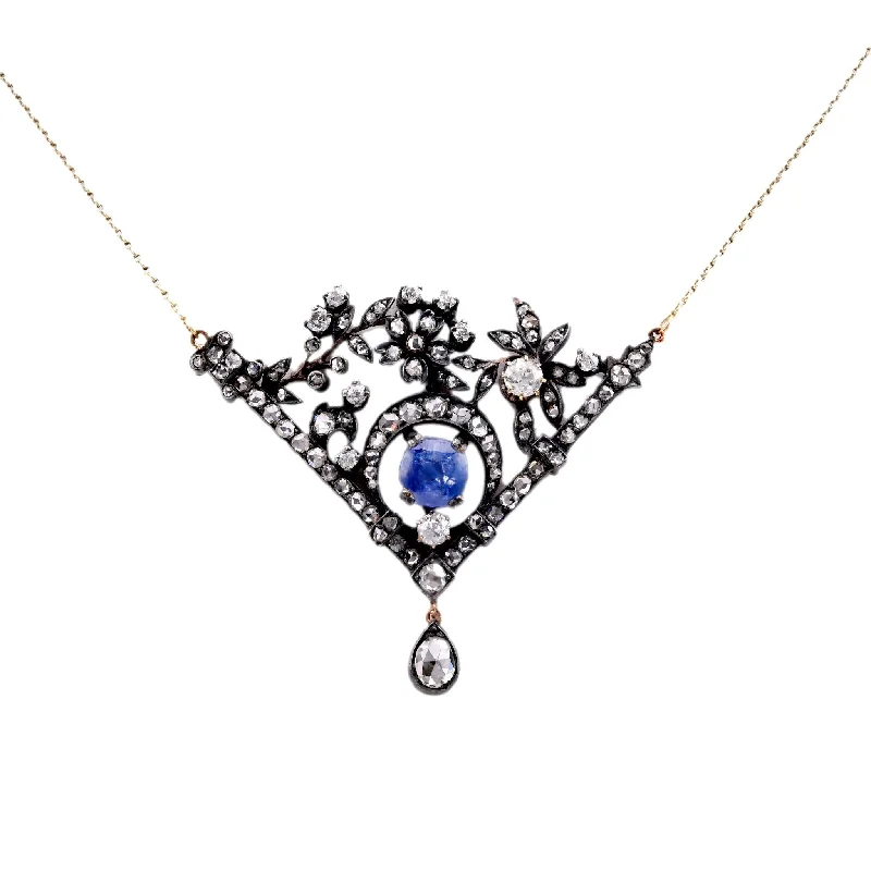 women's layered necklaces -Antique Style  4 Carat Sapphire Diamond 18K Yellow Gold Silver Necklace