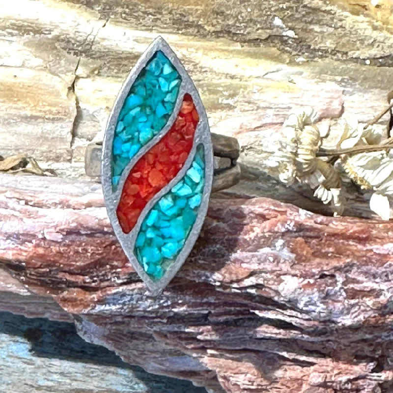 women's gold wedding rings -Vintage Navajo Shiprock Mosaic Red Turquoise Ring Adjustable