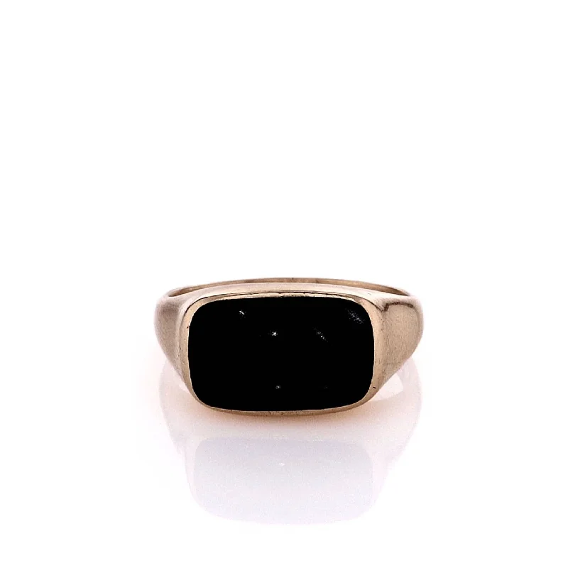 women's custom rings -Estate 14k Yellow Gold Black Onyx Bezel Set Polished Shank Ring