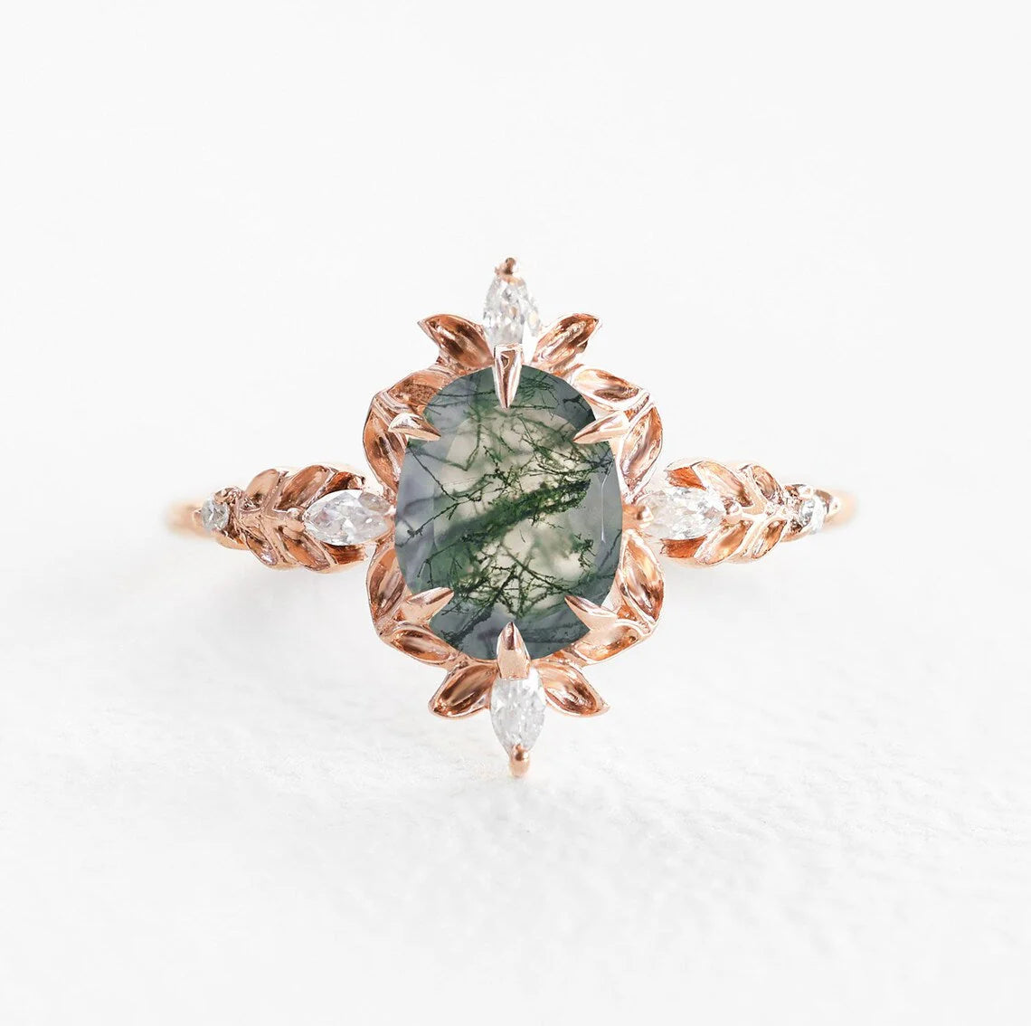 women's gold-plated necklaces -Enya Moss Agate Diamond Floral Engagement Ring