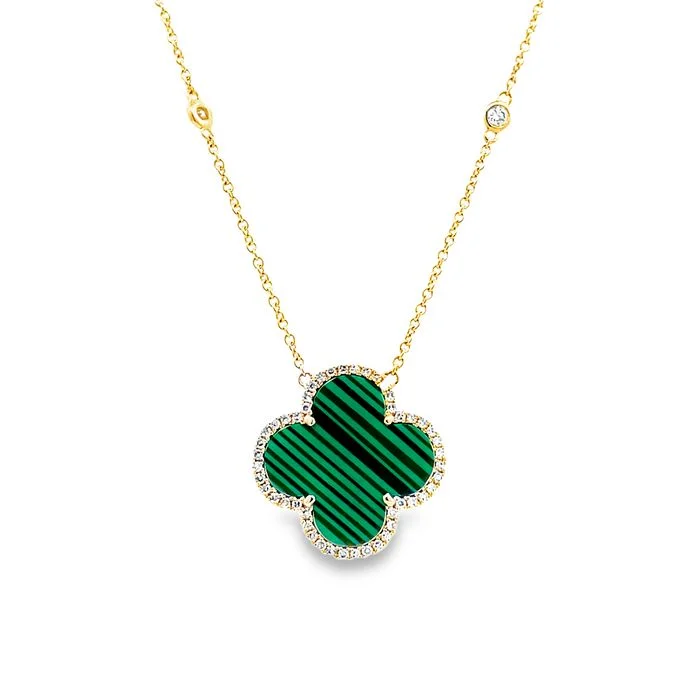 women's rhinestone necklaces -Mountz Collection Malachite Clover Pendant Necklace with Diamonds in 14K Yellow Gold