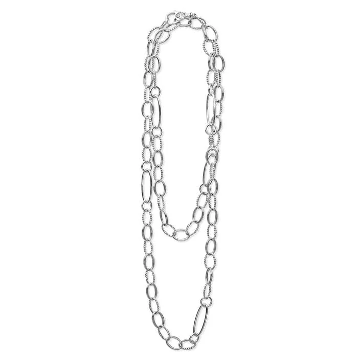 women's luxury statement necklaces -LAGOS 34" Smooth and Beaded Oval Link Necklace in Sterling Silver