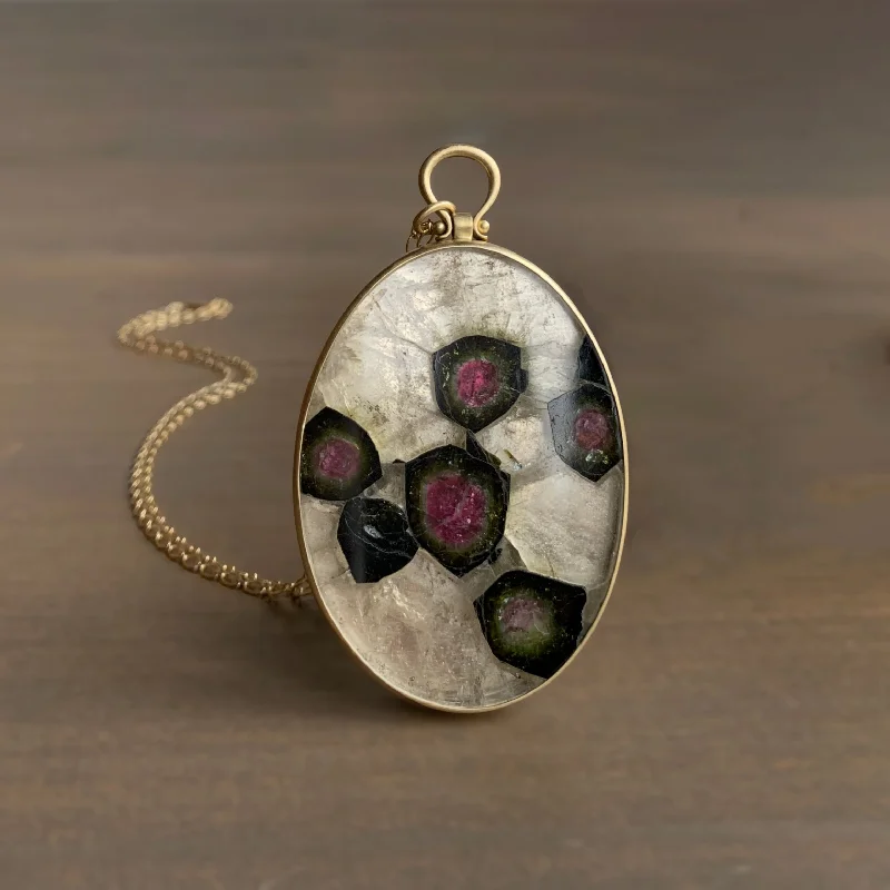 women's vintage style necklaces -Tourmaline in Quartz Oval Slice Pendant