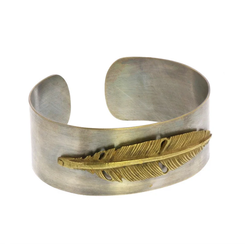 women's gold bangles set -Penna Silver Feather Cuff