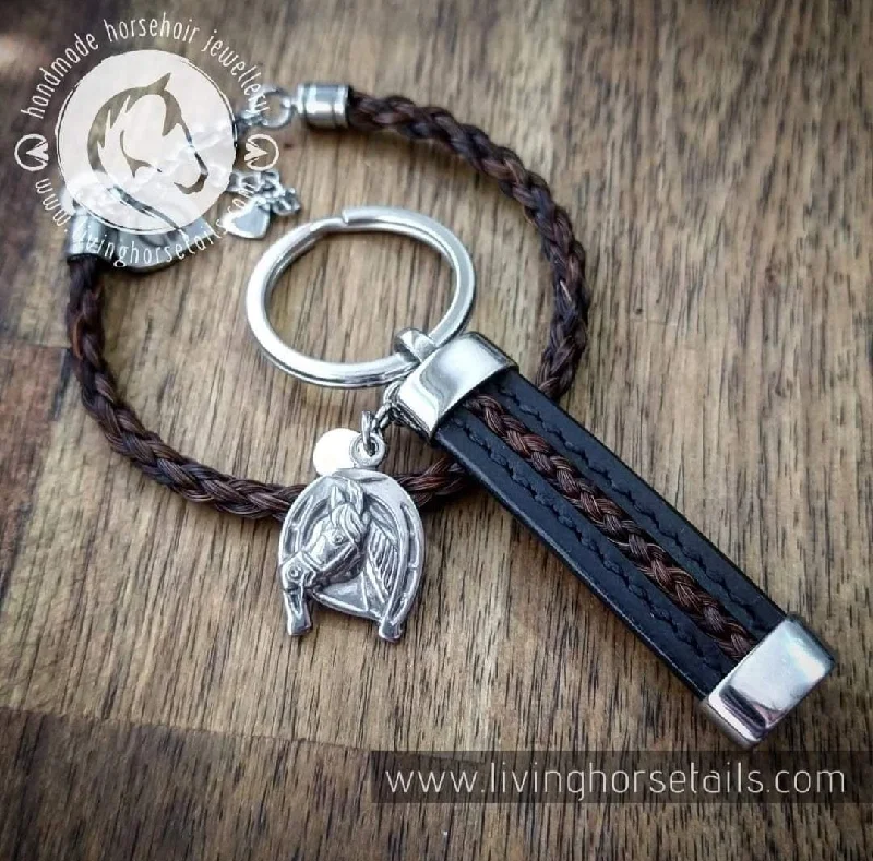 women's sterling silver rings -Stitched Leather and Stainless Steel Horsehair Keyring Fob with charm