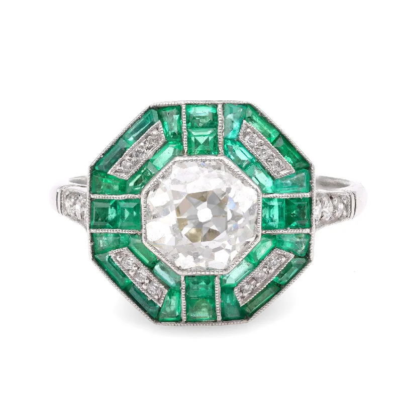 women's sterling silver necklaces -Art Deco Inspired 1.45 Carat Diamond Emerald Platinum Ring